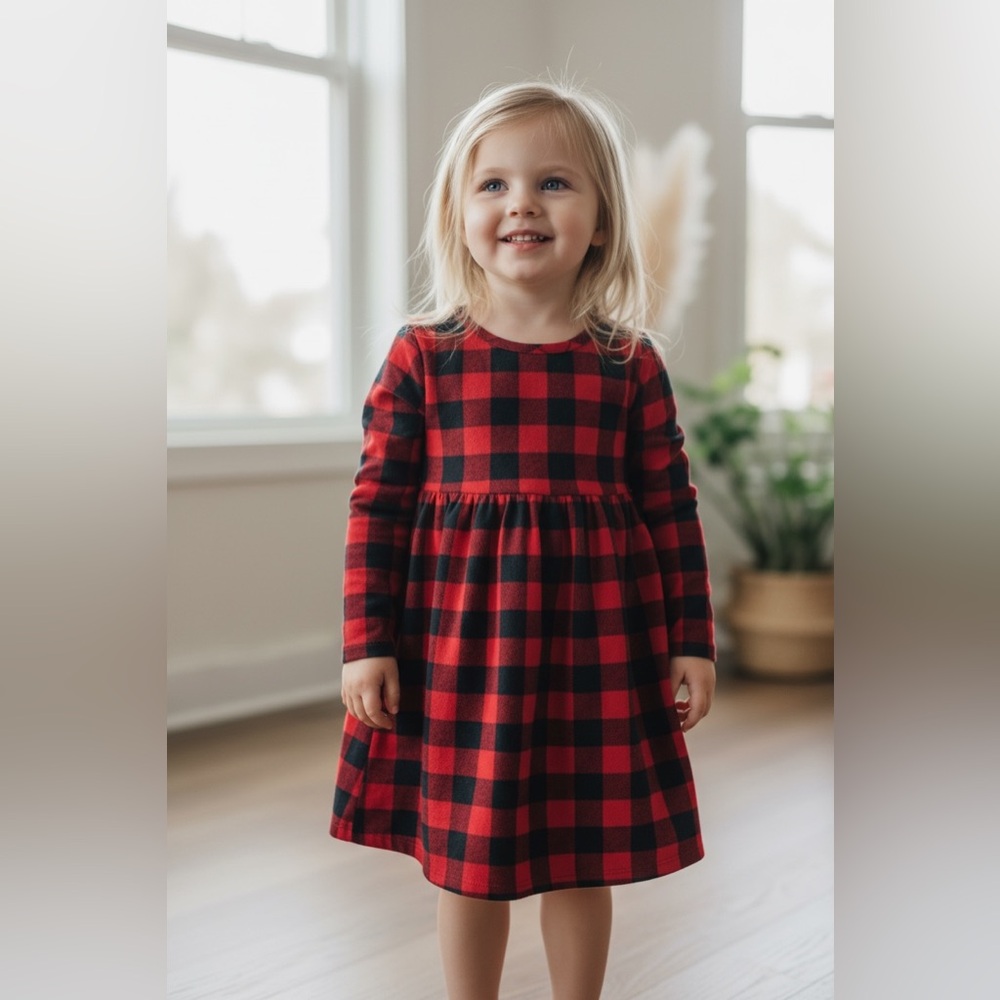Red and Black Plaid Long Sleeve Dress